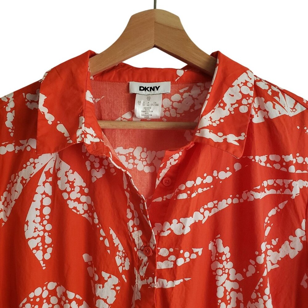 DKNY Red-Orange Print Shirt Dress 12 White Leaf Print Cotton Midi - Picture 3 of 12